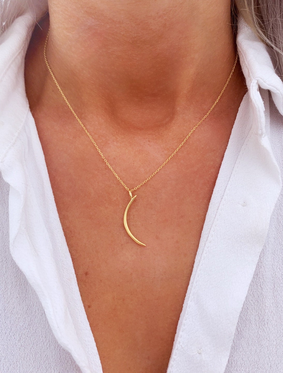 18k Gold Plated Thin Crescent Moon Pendant Necklace Available Etsy