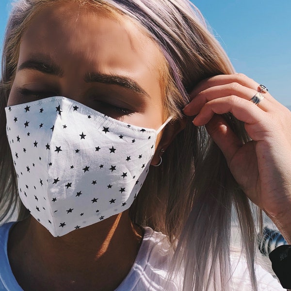 Black Star Print Face Mask, Best face mask, Comfortable Mask, Soft Elastic, Breathable mask, Reusable, Available Pink ,White & Navy