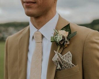 Yellow Linen Tie, Beige, Ocher, Citronella, Vintage Gold, expanse of flowers fabric, Handmade necktie, Groom Tie and groomsmen ties