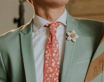 Floral Red Tie, Pink and Creme flowers, expanse of flowers fabric, Handmade Necktie, Groom Tie, Slim Tie, Pocket Square, Lapel Pin