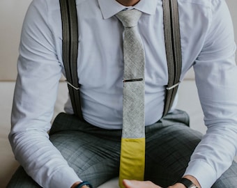 Yellow and Gray Linen handmade tie, Men ties, Groomsmen necktie, made in Italy, Cotton sateen, Hemp fabric, Linen