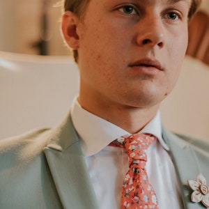 Floral Red Tie, Pink and Creme flowers, expanse of flowers fabric, Handmade Necktie, Groom Tie, Slim Tie, Pocket Square, Lapel Pin image 8