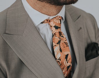 Autumn Terracotta floral Tie, sunset coral Cotton Tie, Floral Necktie, Handmade Tie