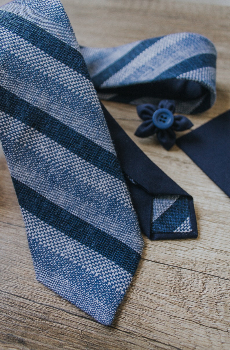 Blue Striped Tie, Linen Tie, Handmade Tie, Groom Tie, Slim Tie, Pocket Square, Lapel Pin, Necktie image 5