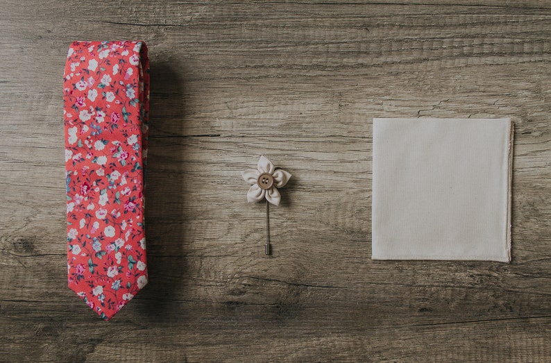 Floral Red Tie, Pink and Creme flowers, expanse of flowers fabric, Handmade Necktie, Groom Tie, Slim Tie, Pocket Square, Lapel Pin image 4