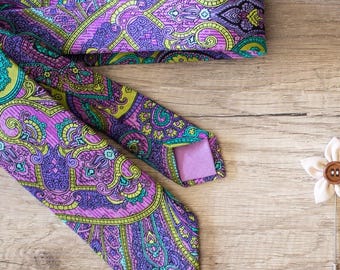 Gravata de seda roxa e verde-clara, gravatas artesanais com estampa paisley, lenço de bolso