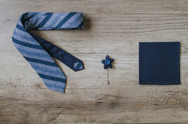 Blue Striped Tie, Linen Tie, Handmade Tie, Groom Tie, Slim Tie, Pocket Square, Lapel Pin, Necktie image 6