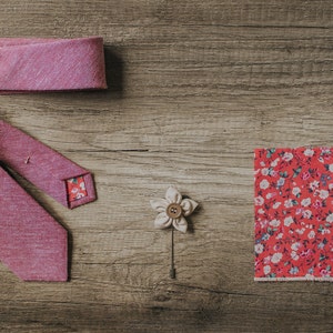 Red Linen Tie, Pink and Crene flowers, expanse of flowers fabric, Handmade Tie, Groom necktie, Slim Tie, Pocket Square, Lapel Pin, Groomsmen