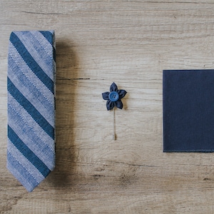 Blue Striped Tie, Linen Tie, Handmade Tie, Groom Tie, Slim Tie, Pocket Square, Lapel Pin, Necktie image 3