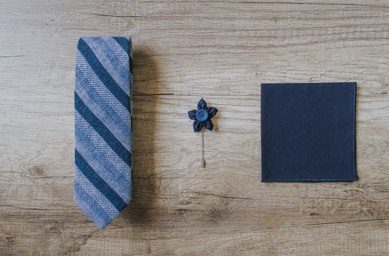 Blue Striped Tie, Linen Tie, Handmade Tie, Groom Tie, Slim Tie, Pocket Square, Lapel Pin, Necktie image 3