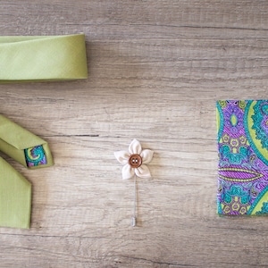Light Olive GREEN Necktie, Neutral Wedding NeckTie, Handmade Neckties, Paisley Pocket Square, Lapel Pin