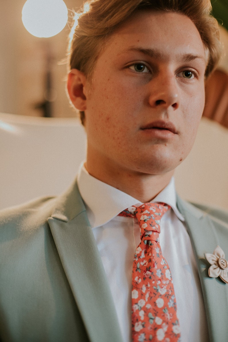 Floral Red Tie, Pink and Creme flowers, expanse of flowers fabric, Handmade Necktie, Groom Tie, Slim Tie, Pocket Square, Lapel Pin image 8