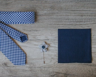 Navy Blue Chess Texture Tie, Handmade Tie, Slim Tie, Groomsmen necktie, Handmade Tie, Pocket Square, Lapel Pin