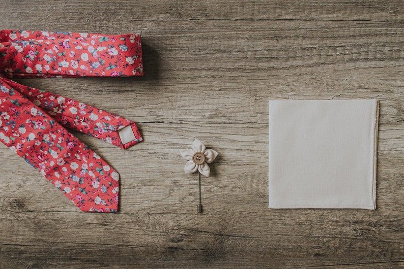 Floral Red Tie, Pink and Creme flowers, expanse of flowers fabric, Handmade Necktie, Groom Tie, Slim Tie, Pocket Square, Lapel Pin Full