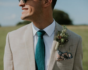 Teal Blue Linen Tie, Creme and terracotta flowers, expand of flowers fabric, Handmade necktie, Groom Tie, Skinny, Pocket Square, Lapel Pin