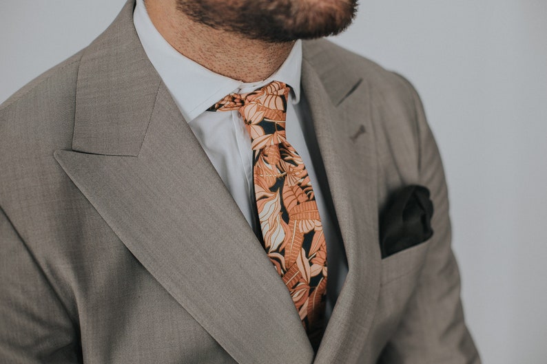 Autumn Terracotta floral Tie, sunset coral Cotton Tie, Floral Necktie, Handmade Tie image 1