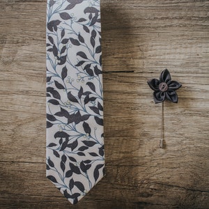 Cream, Cerulean and Darm Plum Leaves , Berry , Handmade Tie, Slim Tie, Groomsmen necktie, Elegant floral Tie, Made in Italy Tie + Label Pin