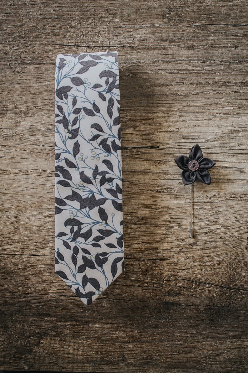 Cream, Cerulean and Darm Plum Leaves , Berry , Handmade Tie, Slim Tie, Groomsmen necktie, Elegant floral Tie, Made in Italy Tie + Label Pin