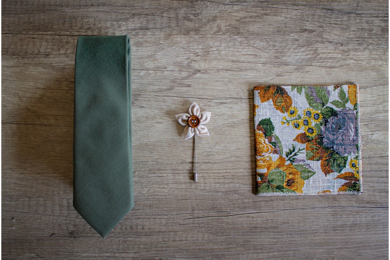 Toscana Green Necktie, Neutral Necktie, Handmade Neckties, Floral Pocket Square, Lapel Pin image 2