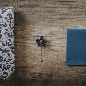 Cream, Cerulean and Darm Plum Leaves , Berry , Handmade Tie, Slim Tie, Groomsmen necktie, Elegant floral Tie, Made in Italy image 5
