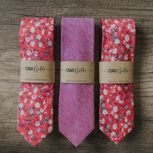 Floral Red Tie, Pink and Creme flowers, expanse of flowers fabric, Handmade Necktie, Groom Tie, Slim Tie, Pocket Square, Lapel Pin image 6
