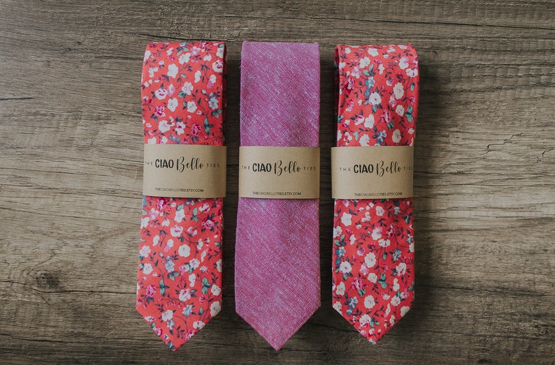 Floral Red Tie, Pink and Creme flowers, expanse of flowers fabric, Handmade Necktie, Groom Tie, Slim Tie, Pocket Square, Lapel Pin image 6