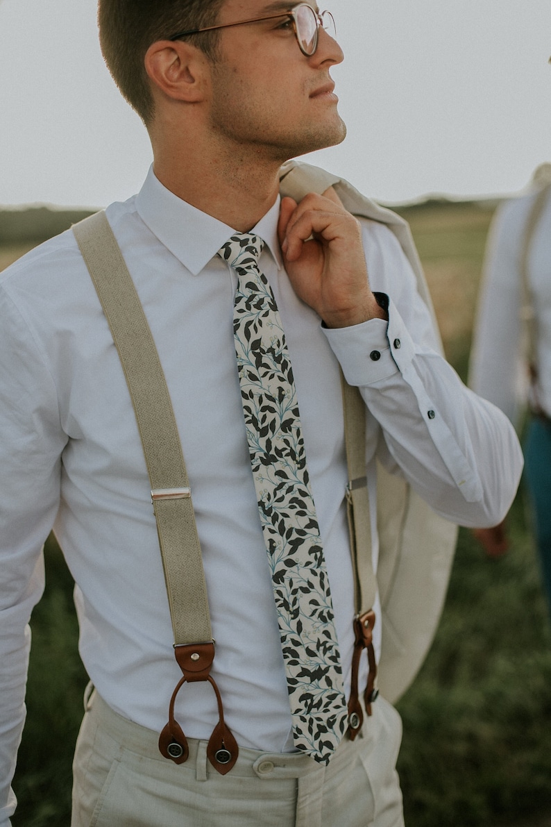 Cream, Cerulean and Darm Plum Leaves , Berry , Handmade Tie, Slim Tie, Groomsmen necktie, Elegant floral Tie, Made in Italy image 1