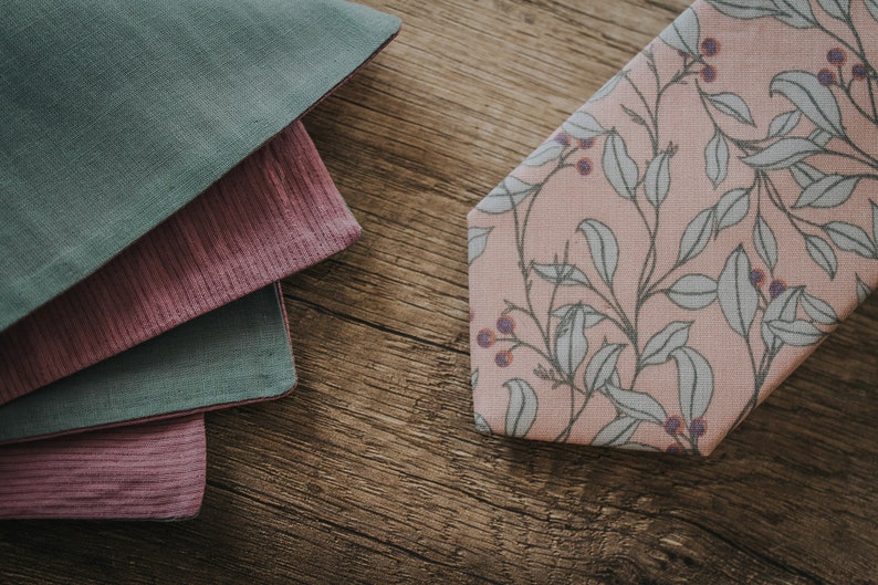 Pink, Lavender and Green Leaves Branch , Berry, Handmede Tie, Slim Necktie, Groomsmen necktie,Groom Tie, Elegant floral Tie, Made in Italy image 6