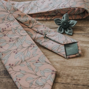 Pink, Lavender and Green Leaves Branch , Berry, Handmede Tie, Slim Necktie, Groomsmen necktie,Groom Tie, Elegant floral Tie, Made in Italy image 4