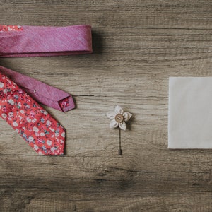 Floral Red Tie, Pink and Creme flowers, expanse of flowers fabric, Handmade Necktie, Groom Tie, Slim Tie, Pocket Square, Lapel Pin Half Linen