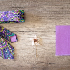 Purple and Light Green Silk Necktie, Paisley Necktie, Wedding Necktie, Handmade Neckties, Pocket Square, Lapel Pin