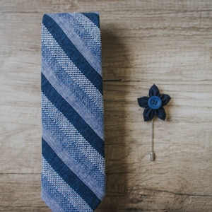 Blue Striped Tie, Linen Tie, Handmade Tie, Groom Tie, Slim Tie, Pocket Square, Lapel Pin, Necktie image 4