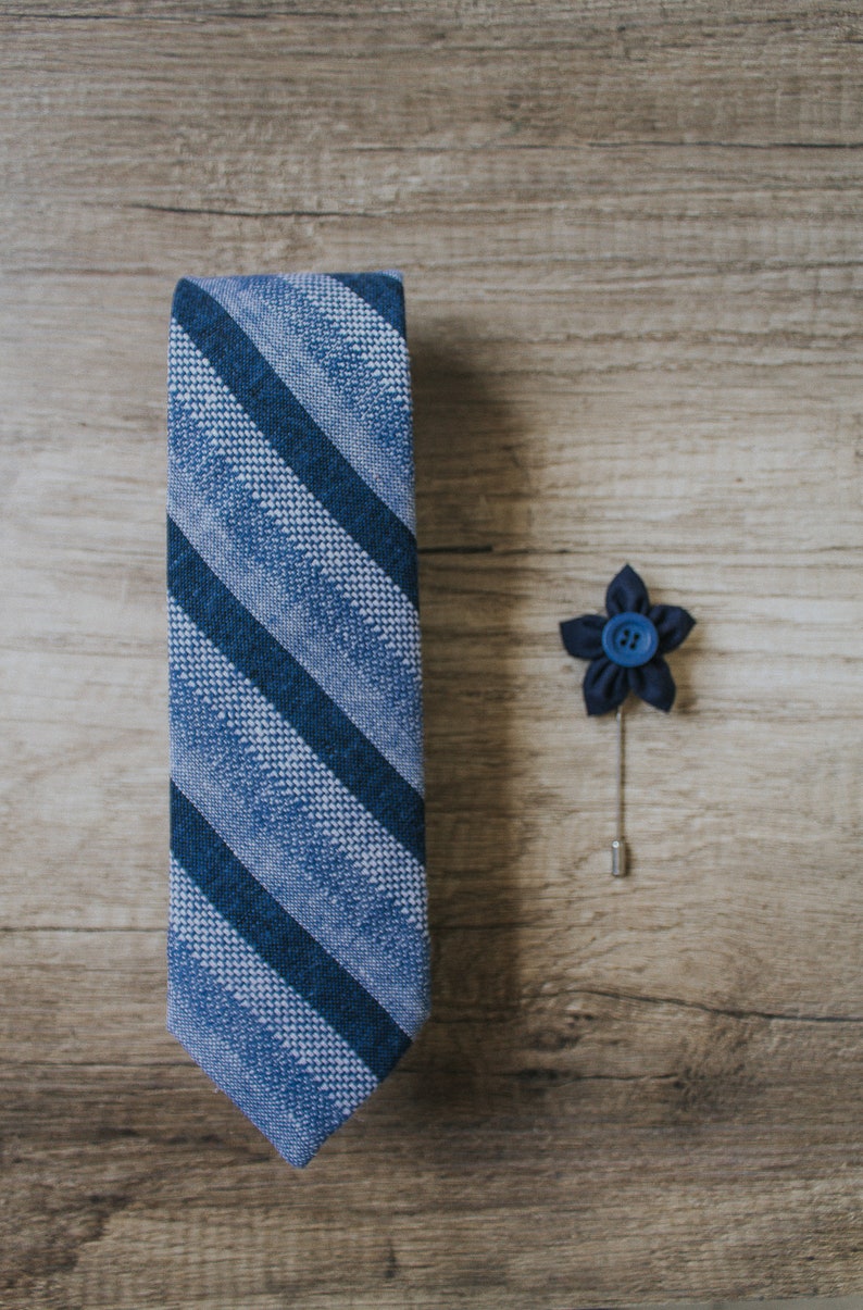 Blue Striped Tie, Linen Tie, Handmade Tie, Groom Tie, Slim Tie, Pocket Square, Lapel Pin, Necktie image 4