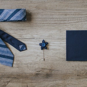 Blue Striped Tie, Linen Tie, Handmade Tie, Groom Tie, Slim Tie, Pocket Square, Lapel Pin, Necktie image 2