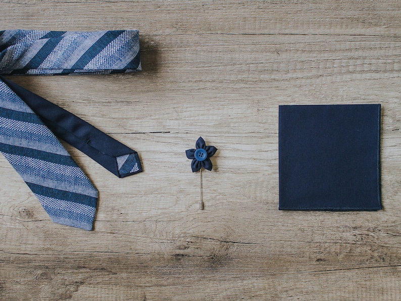 Blue Striped Tie, Linen Tie, Handmade Tie, Groom Tie, Slim Tie, Pocket Square, Lapel Pin, Necktie image 2