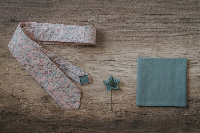 Pink, Lavender and Green Leaves Branch , Berry, Handmede Tie, Slim Necktie, Groomsmen necktie,Groom Tie, Elegant floral Tie, Made in Italy image 7