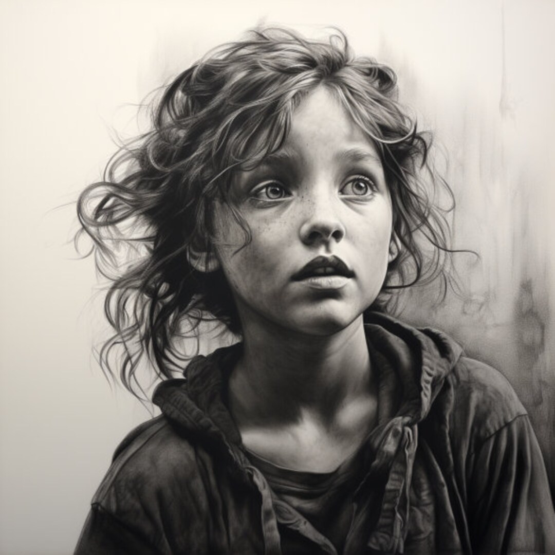 Realistic Charcoal and Pencil Portrait Profile of a Young Girl by