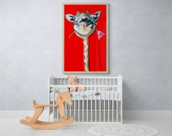Pastel representation of a giraffe on a bright red background - Original wall decoration for nature lovers