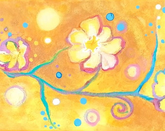 Long Yellow Painting White Flowers Acrylic Painting Florals Impasto Painting Original Artwork by NadiiaKunst