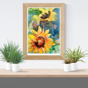 Aquarelle originale de tournesol ukrainien, fleur jaune