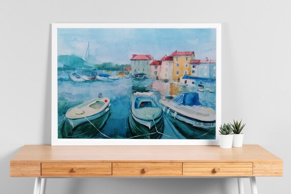 DIGITAL ART PRINT Original Watercolor Painting Croatia Painting Yachts Painting Seascape Croatia Landscape
