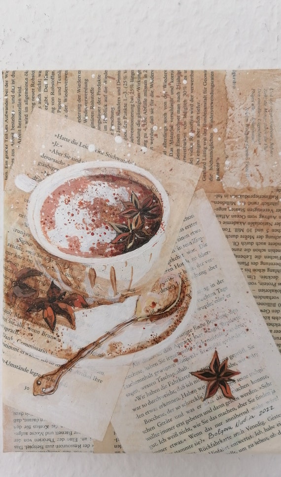 Cozy Autumn Coffee Acrylic Painting with Cinnamon - Original Art by NadiiaKunst
