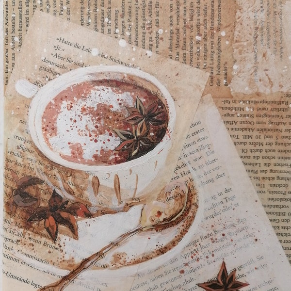 Cup of coffee Winter Coffee with cinnamon Autumn Coffee Painting Book Paper Collage Nadiia Bolgova