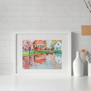 Original Watercolor Painting Abcoude in Autumn Amsterdam Painting Holland Painting Small Artwork 7&9inch by Nadiia Bolgova