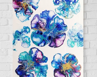 Blue Flowers Original Acrylic Pour Painting Blue Art Bloom Original Abstract Flowers Painting Acrylic Pouring Fluid Art Painting on Canvas