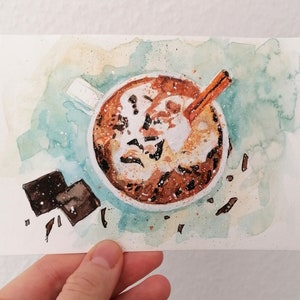 Winter Coffee Cup of Coffee with Chocolate and Cinnamon Post Card Watercolor Artwork
