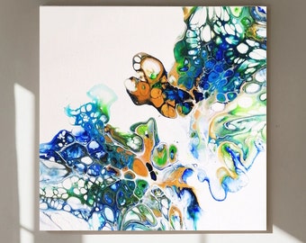 Blue Green Abstract Wall Art Original Painting Acrylic Pouring Fluid Art 12&12 inch by NadiiaKunst