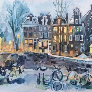 Amsterdam Painting Original Watercolor Painting Amsterdam in Winter Cityscape Amsterdam&#39;s Bicycles