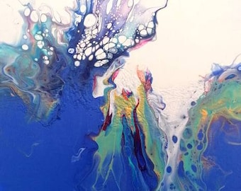 Pittura fluida blu e bianca, tecnica di colata acrilica, opera d'arte astratta originale, arte contemporanea.