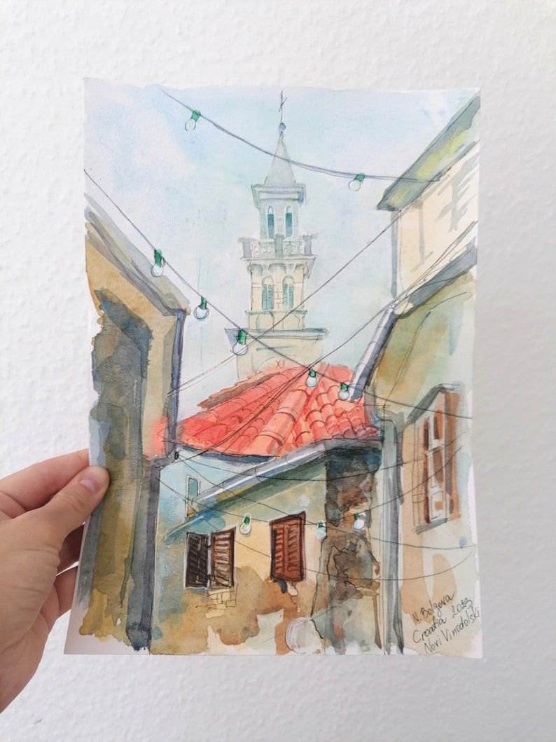 Croatia Painting Old Town Original Watercolor Painting Novi Vinodolski image 2